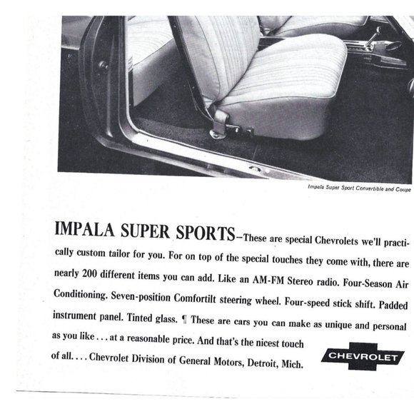 Impala Superior Sports Car Chevrolet Convertible 1960s Vintage Print Ad 9 in - Picture 2 of 4